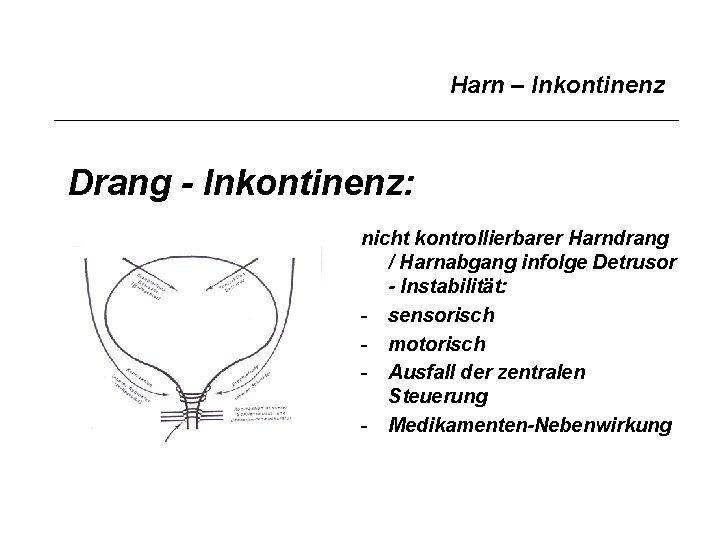 Harn – Inkontinenz Drang - Inkontinenz: nicht kontrollierbarer Harndrang / Harnabgang infolge Detrusor -