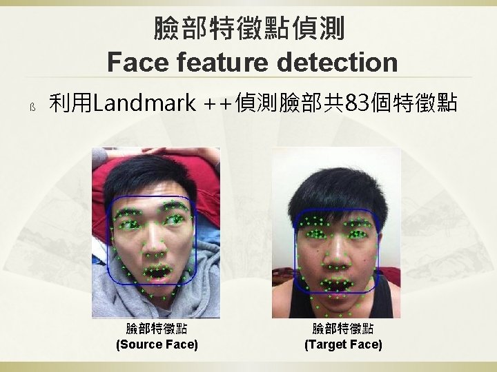 臉部特徵點偵測 Face feature detection ß 利用Landmark ++偵測臉部共 83個特徵點 臉部特徵點 (Source Face) 臉部特徵點 (Target Face)