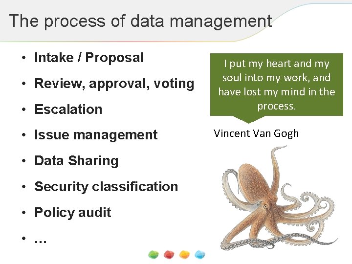 The process of data management • Intake / Proposal • Review, approval, voting •