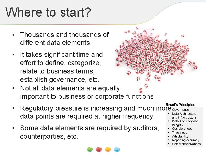 Where to start? • Thousands and thousands of different data elements • It takes