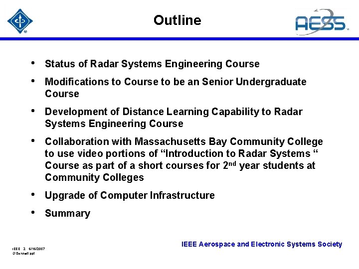Outline • • Status of Radar Systems Engineering Course • Development of Distance Learning