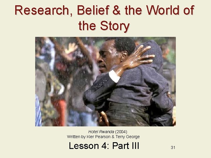 Research, Belief & the World of the Story Hotel Rwanda (2004) Written by Kier