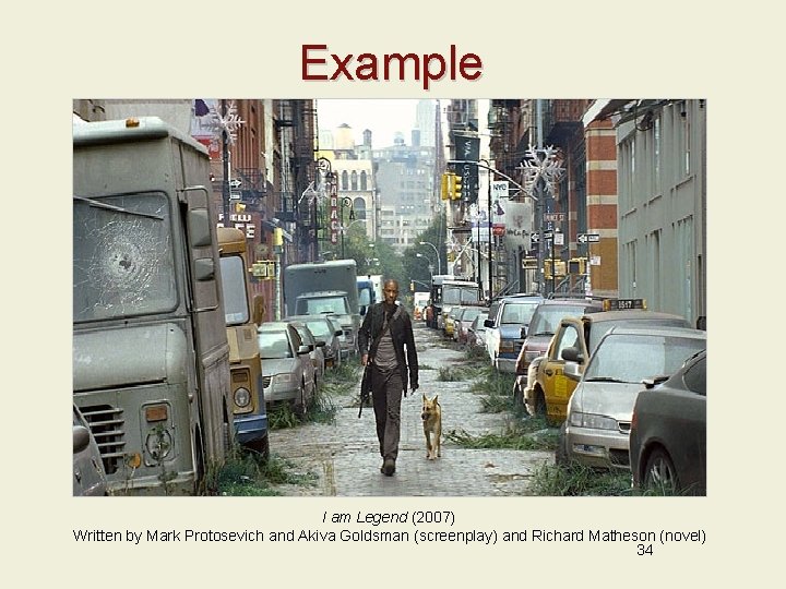 Example I am Legend (2007) Written by Mark Protosevich and Akiva Goldsman (screenplay) and