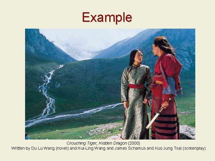 Example Crouching Tiger, Hidden Dragon (2000) Written by Du Lu Wang (novel) and Hui-Ling