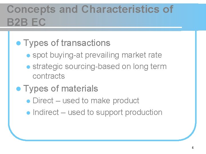 Concepts and Characteristics of B 2 B EC l Types of transactions spot buying-at
