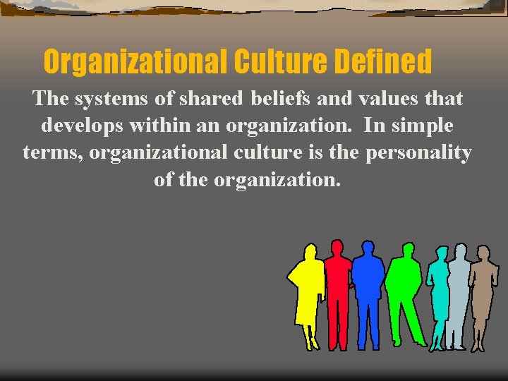 Organizational Culture Defined The systems of shared beliefs and values that develops within an