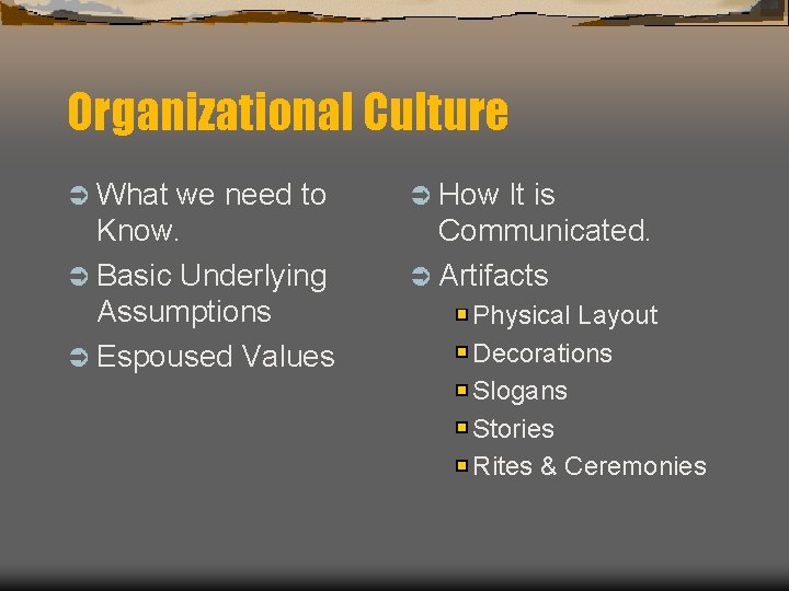 Organizational Culture Ü What we need to Know. Ü Basic Underlying Assumptions Ü Espoused