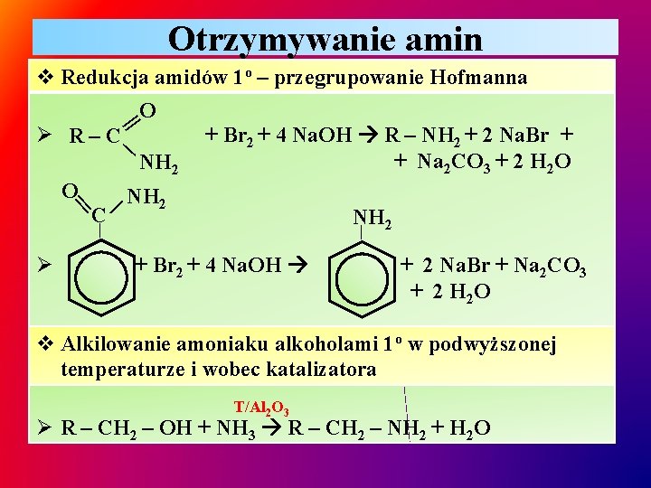 Otrzymywanie amin v Redukcja amidów 1 o – przegrupowanie Hofmanna O || ∕ Ø