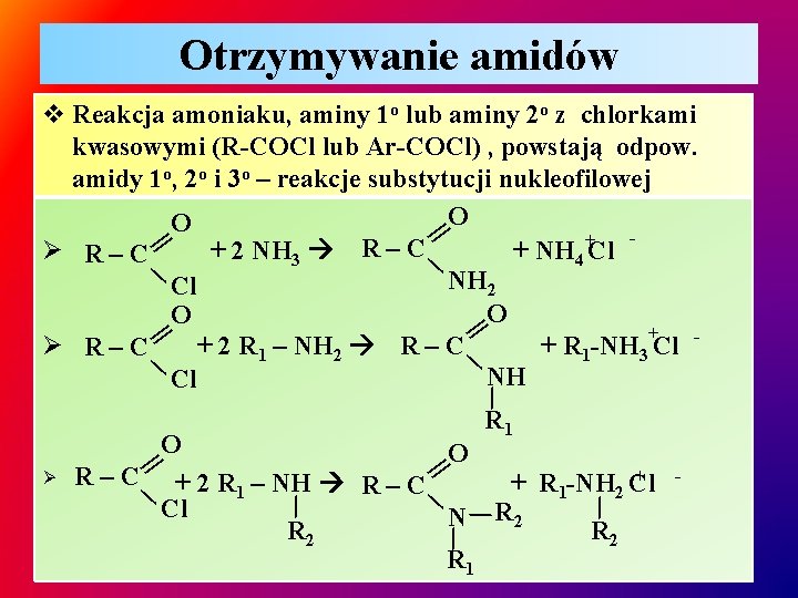 Otrzymywanie amidów || ∕ || ∕ ∕ || ∕ v Reakcja amoniaku, aminy 1