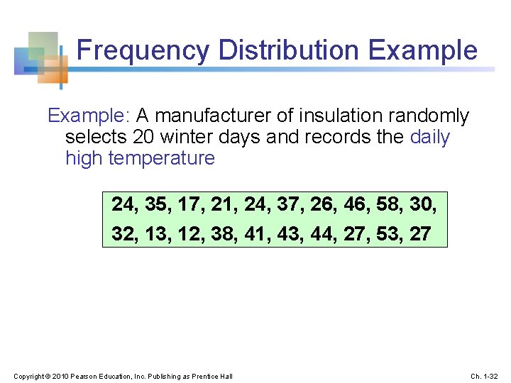 Frequency Distribution Example: A manufacturer of insulation randomly selects 20 winter days and records