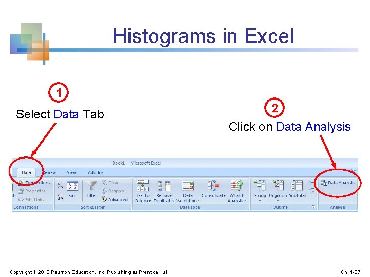 Histograms in Excel 1 Select Data Tab Copyright © 2010 Pearson Education, Inc. Publishing