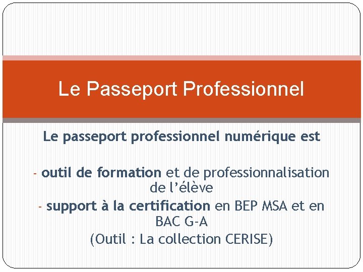 Le Passeport Professionnel Le passeport professionnel numérique est - outil de formation et de