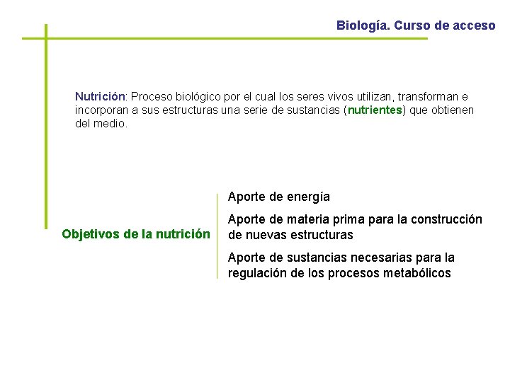 Biología. Curso de acceso Nutrición: Proceso biológico por el cual los seres vivos utilizan,