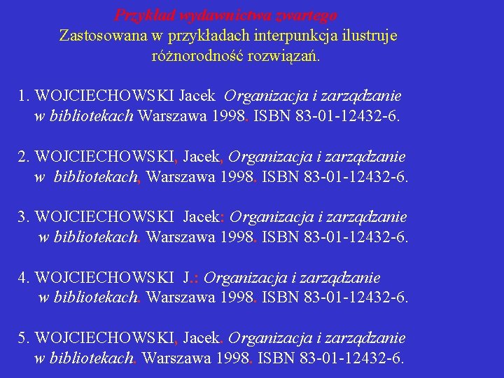  Przykład wydawnictwa zwartego Zastosowana w przykładach interpunkcja ilustruje różnorodność rozwiązań. 1. WOJCIECHOWSKI Jacek