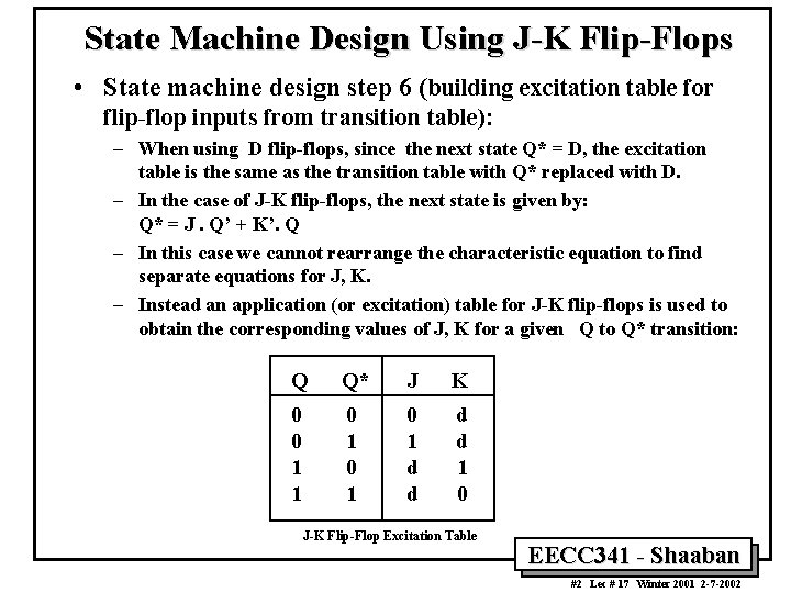 State Machine Design Using J-K Flip-Flops • State machine design step 6 (building excitation