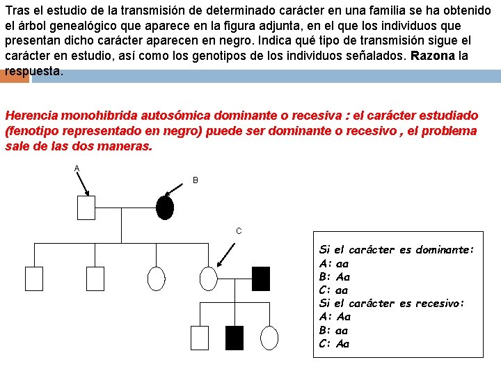 Tras el estudio de la transmisión de determinado carácter en una familia se ha