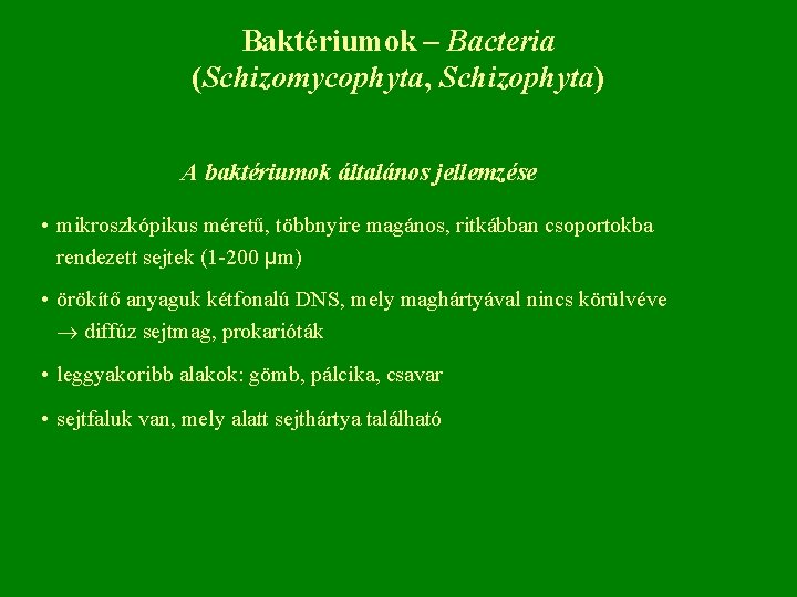 Baktériumok – Bacteria (Schizomycophyta, Schizophyta) A baktériumok általános jellemzése • mikroszkópikus méretű, többnyire magános,