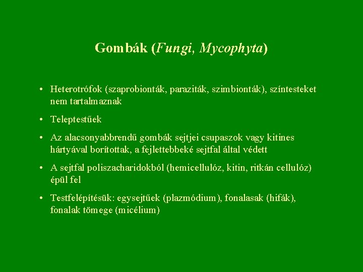 Gombák (Fungi, Mycophyta) • Heterotrófok (szaprobionták, paraziták, szimbionták), színtesteket nem tartalmaznak • Teleptestűek •