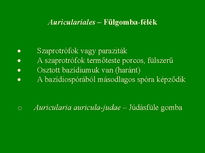 Auriculariales – Fülgomba-félék · Szaprotrófok vagy paraziták · A szaprotrófok termőteste porcos, fülszerű ·