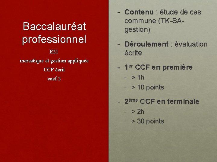 Baccalauréat professionnel E 21 mercatique et gestion appliquée CCF écrit coef 2 - Contenu