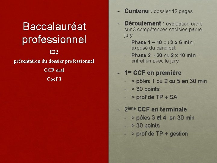 - Contenu : dossier 12 pages Baccalauréat professionnel E 22 présentation du dossier professionnel