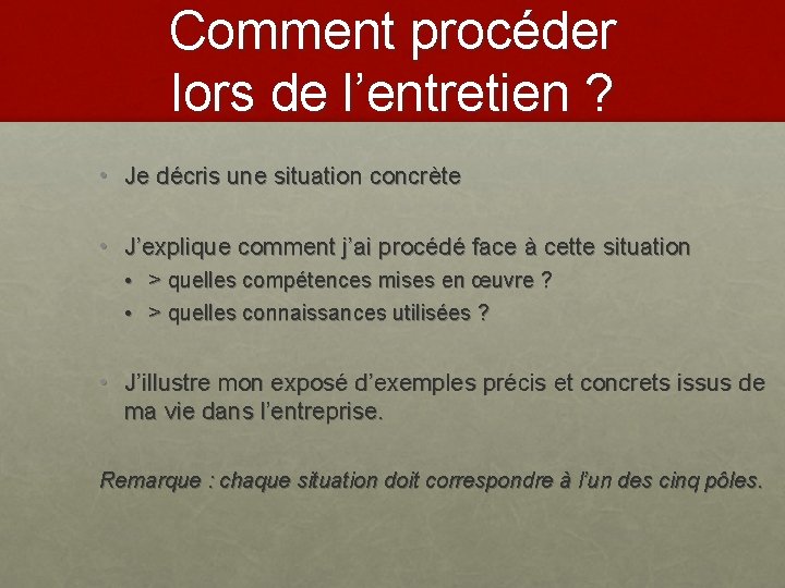 Comment procéder lors de l’entretien ? • Je décris une situation concrète • J’explique