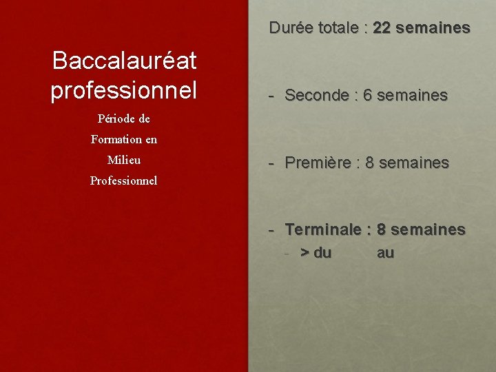Durée totale : 22 semaines Baccalauréat professionnel - Seconde : 6 semaines Période de