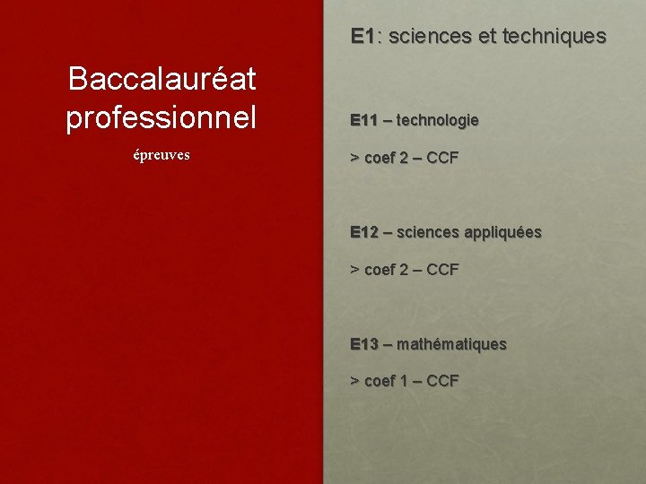 E 1: sciences et techniques Baccalauréat professionnel épreuves E 11 – technologie > coef