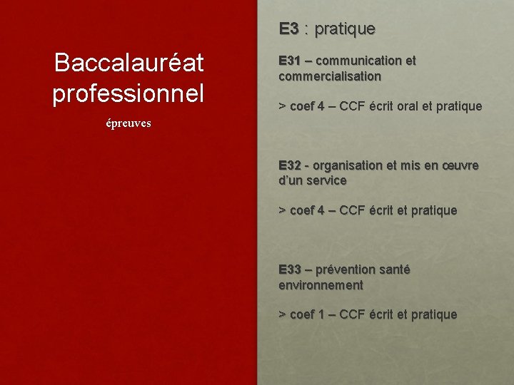 E 3 : pratique Baccalauréat professionnel E 31 – communication et commercialisation > coef