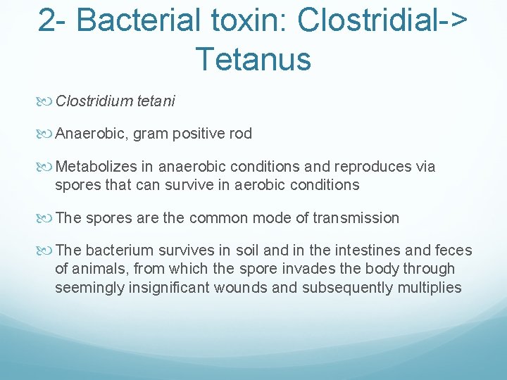 2 - Bacterial toxin: Clostridial-> Tetanus Clostridium tetani Anaerobic, gram positive rod Metabolizes in