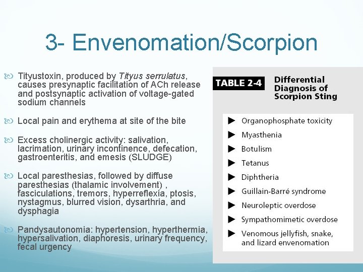 3 - Envenomation/Scorpion Tityustoxin, produced by Tityus serrulatus, causes presynaptic facilitation of ACh release