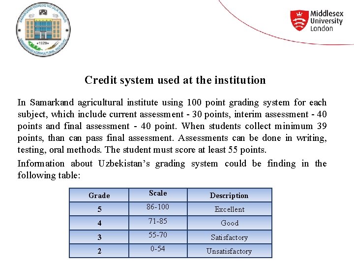 Credit system used at the institution In Samarkand agricultural institute using 100 point grading