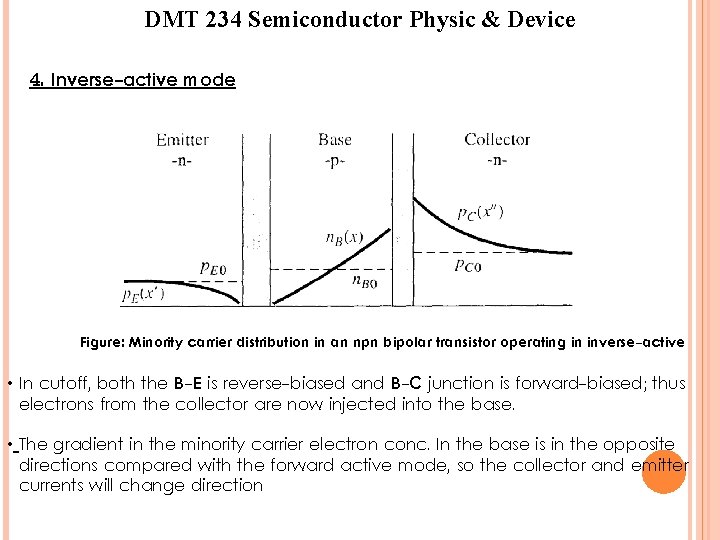 DMT 234 Semiconductor Physic & Device 4. Inverse-active mode Figure: Minority carrier distribution in