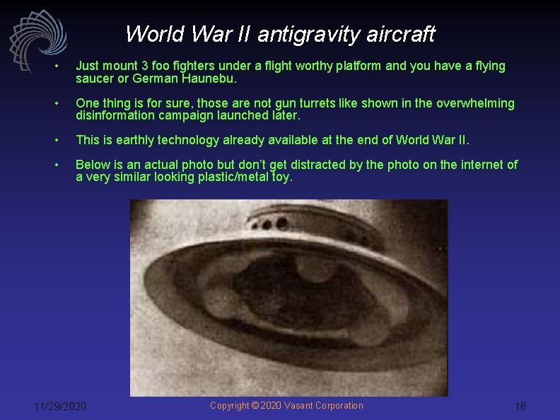 World War II antigravity aircraft • Just mount 3 foo fighters under a flight