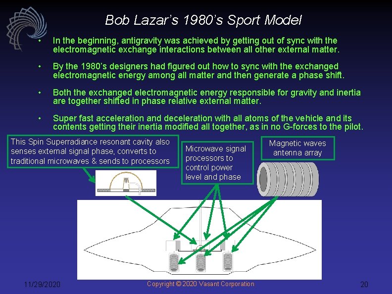 Bob Lazar’s 1980’s Sport Model • In the beginning, antigravity was achieved by getting