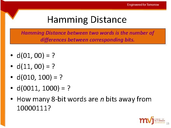 Hamming Distance between two words is the number of differences between corresponding bits. • Hamming Distance between two words is the number of differences between corresponding bits. •