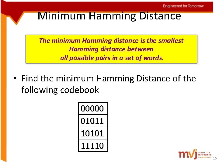Minimum Hamming Distance The minimum Hamming distance is the smallest Hamming distance between all