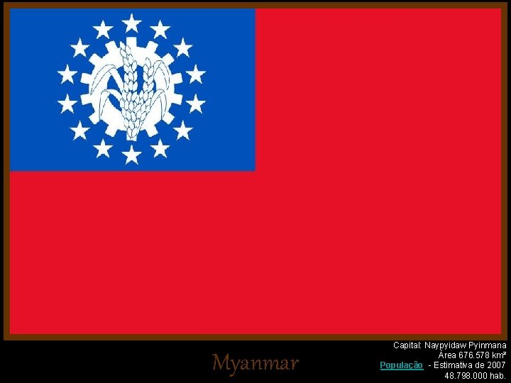 Myanmar Capital: Naypyidaw Pyinmana Área 676. 578 km² População - Estimativa de 2007 48.