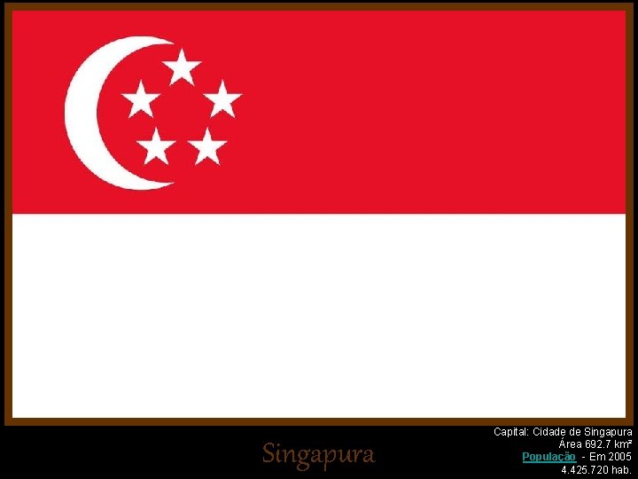 Singapura Capital: Cidade de Singapura Área 692. 7 km² População - Em 2005 4.