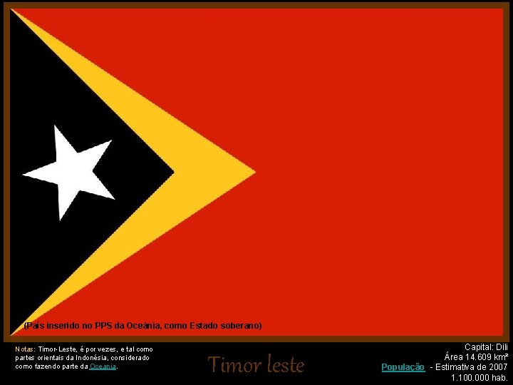 (País inserido no PPS da Oceânia, como Estado soberano) Notas: Timor-Leste, é por vezes,