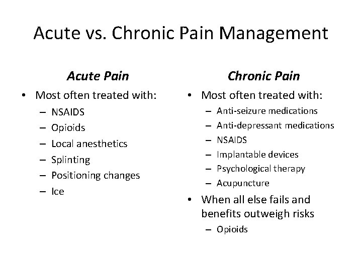 Acute vs. Chronic Pain Management Acute Pain • Most often treated with: – –
