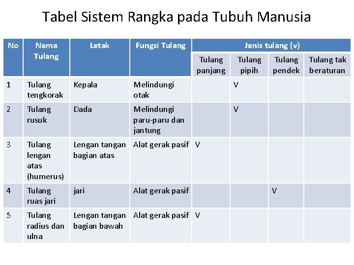 Tabel Sistem Rangka pada Tubuh Manusia No Nama Tulang Letak Fungsi Tulang Jenis tulang