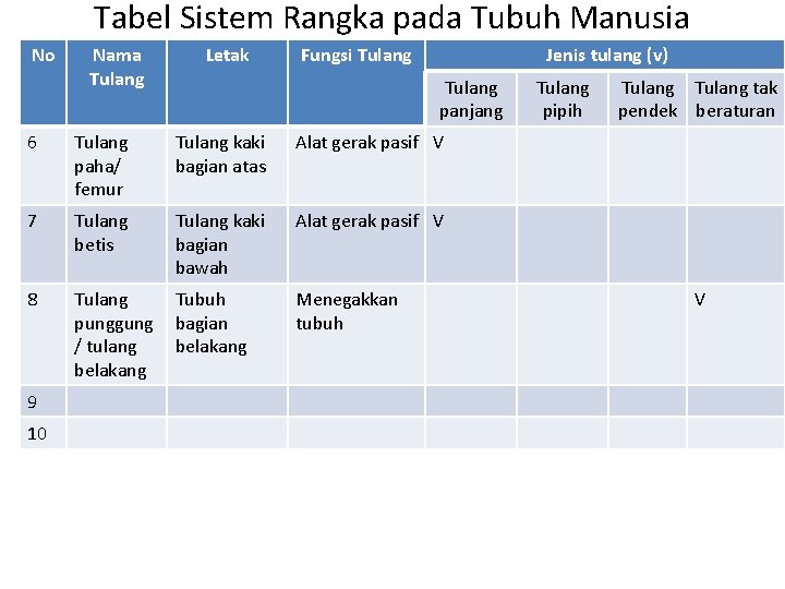 Tabel Sistem Rangka pada Tubuh Manusia No Nama Tulang Letak Fungsi Tulang Jenis tulang