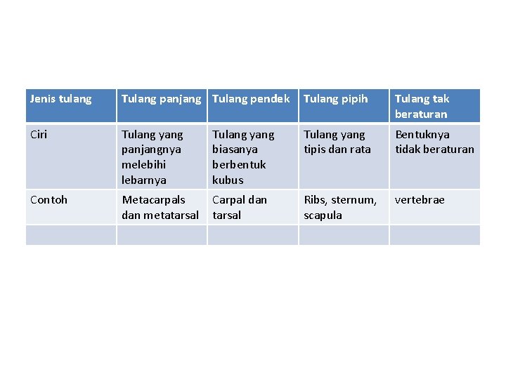 Jenis tulang Tulang panjang Tulang pendek Tulang pipih Tulang tak beraturan Ciri Tulang yang