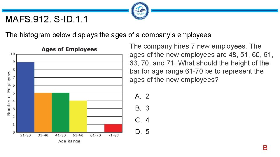 MAFS. 912. S-ID. 1. 1 The histogram below displays the ages of a company’s