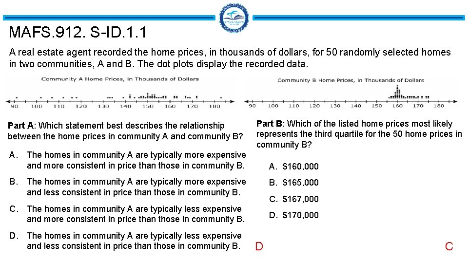 MAFS. 912. S-ID. 1. 1 A real estate agent recorded the home prices, in