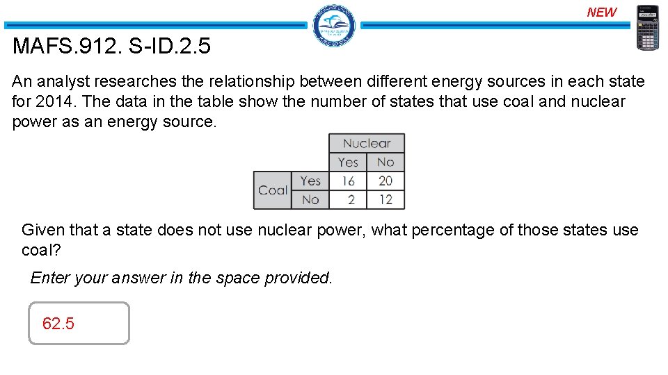 NEW MAFS. 912. S-ID. 2. 5 An analyst researches the relationship between different energy