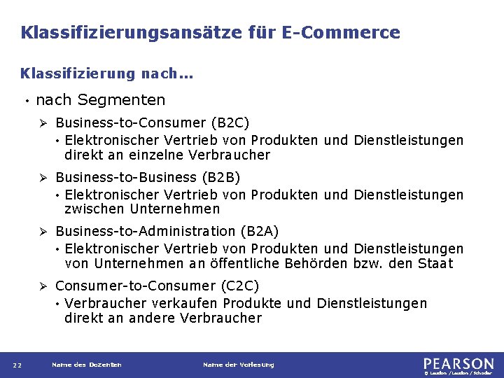 Klassifizierungsansätze für E-Commerce Klassifizierung nach. . . • 22 nach Segmenten Ø Business-to-Consumer (B
