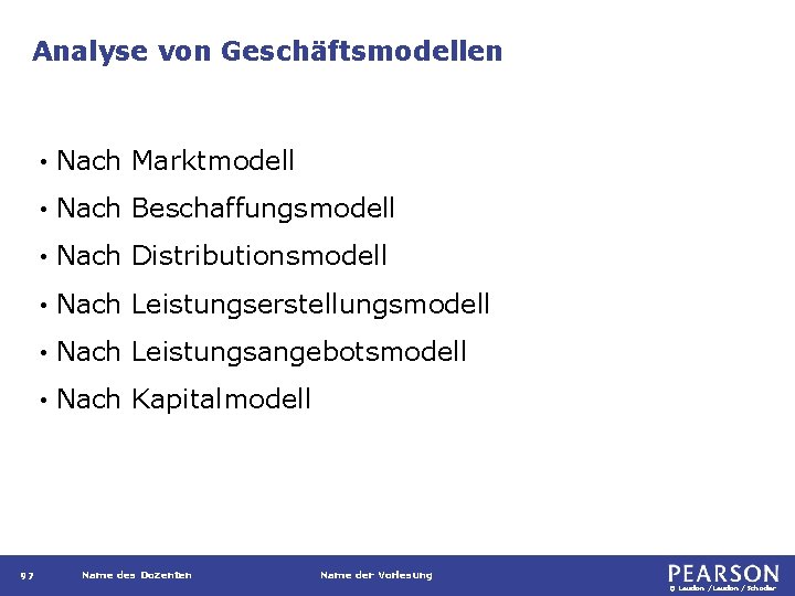 Analyse von Geschäftsmodellen 97 • Nach Marktmodell • Nach Beschaffungsmodell • Nach Distributionsmodell •