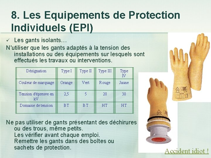 8. Les Equipements de Protection Individuels (EPI) Les gants isolants… N'utiliser que les gants